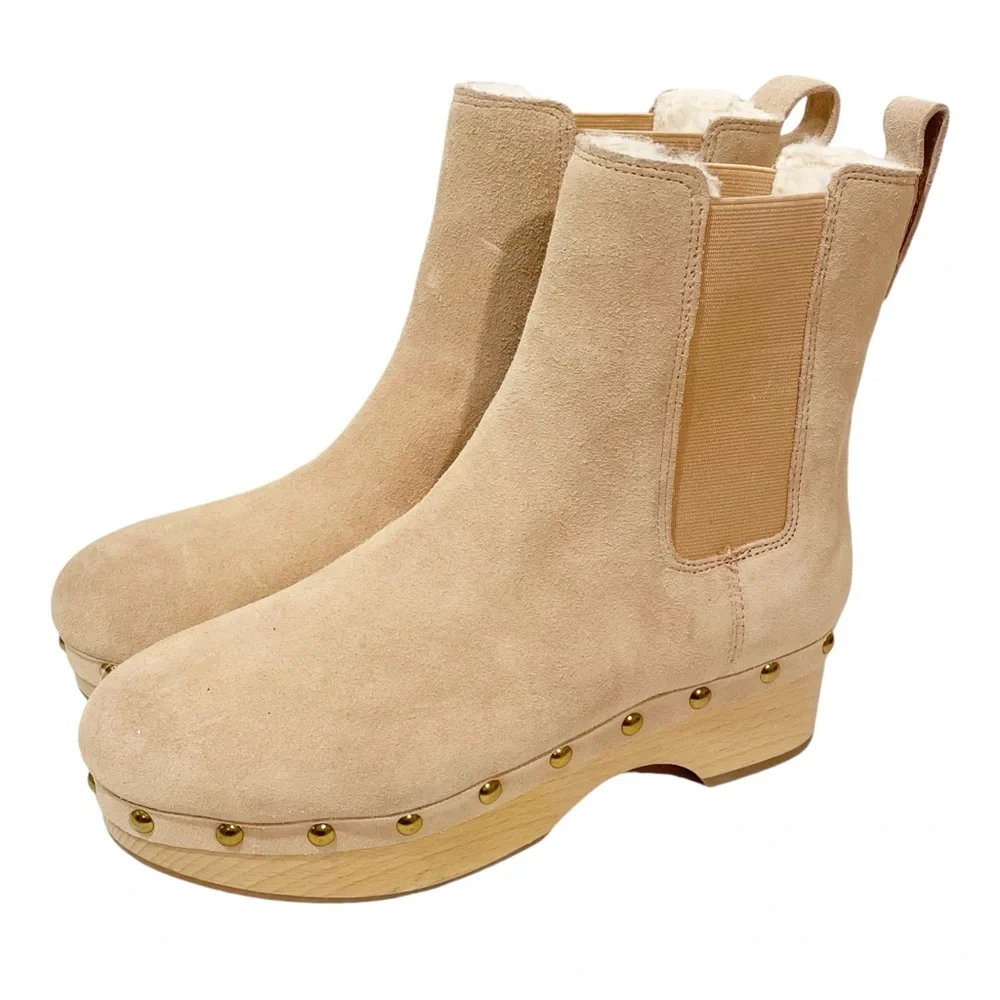 J Crew Size 6.5 Chelsea Bronzed Clay Calf Suede Faux Fur Studded Studs Clog Boot